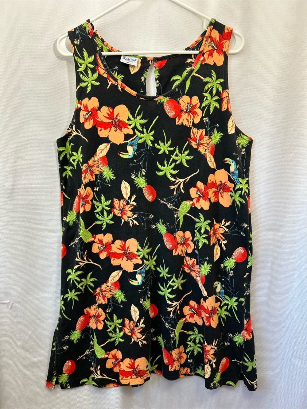 Icantoo Vintage Cotton Dress Black Pink Toucan Pineapple‎ Tropical Made In USA M